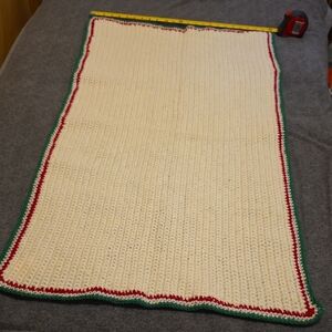 Handmade Cream Knit Lap Blanket with Christmas Red and Green Trim